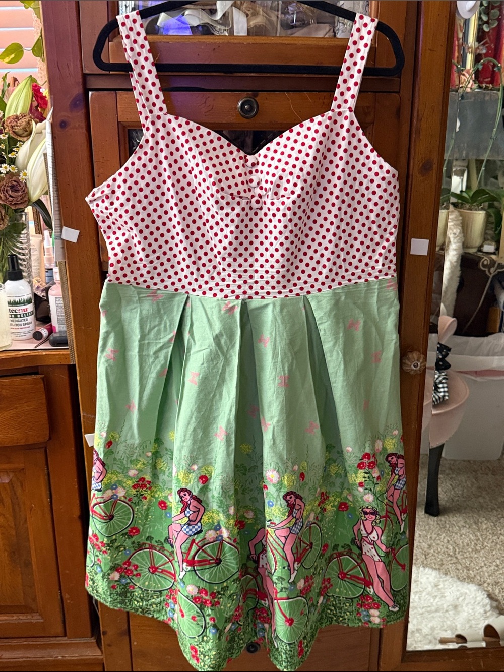 NWTS Women's Green Border Print Dress with Red Polka Dot Bodice